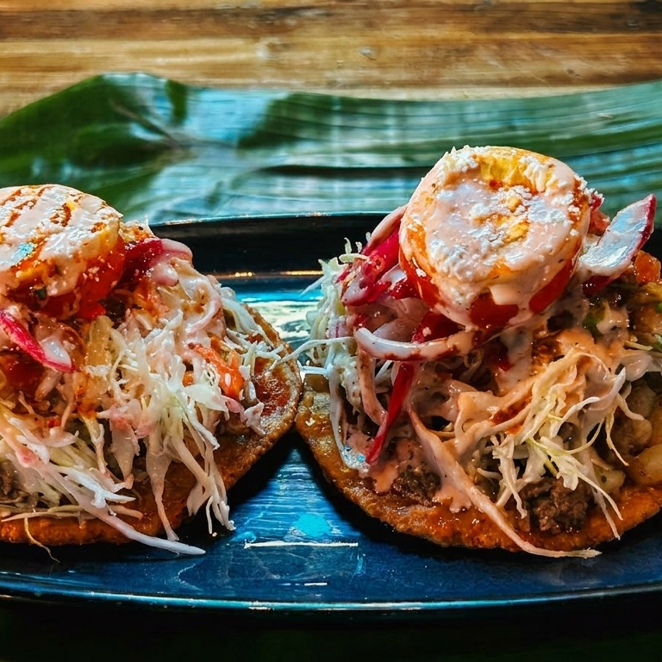Two vibrant sopes topped with shredded cabbage, meat, sauce, and radishes on a blue plate.