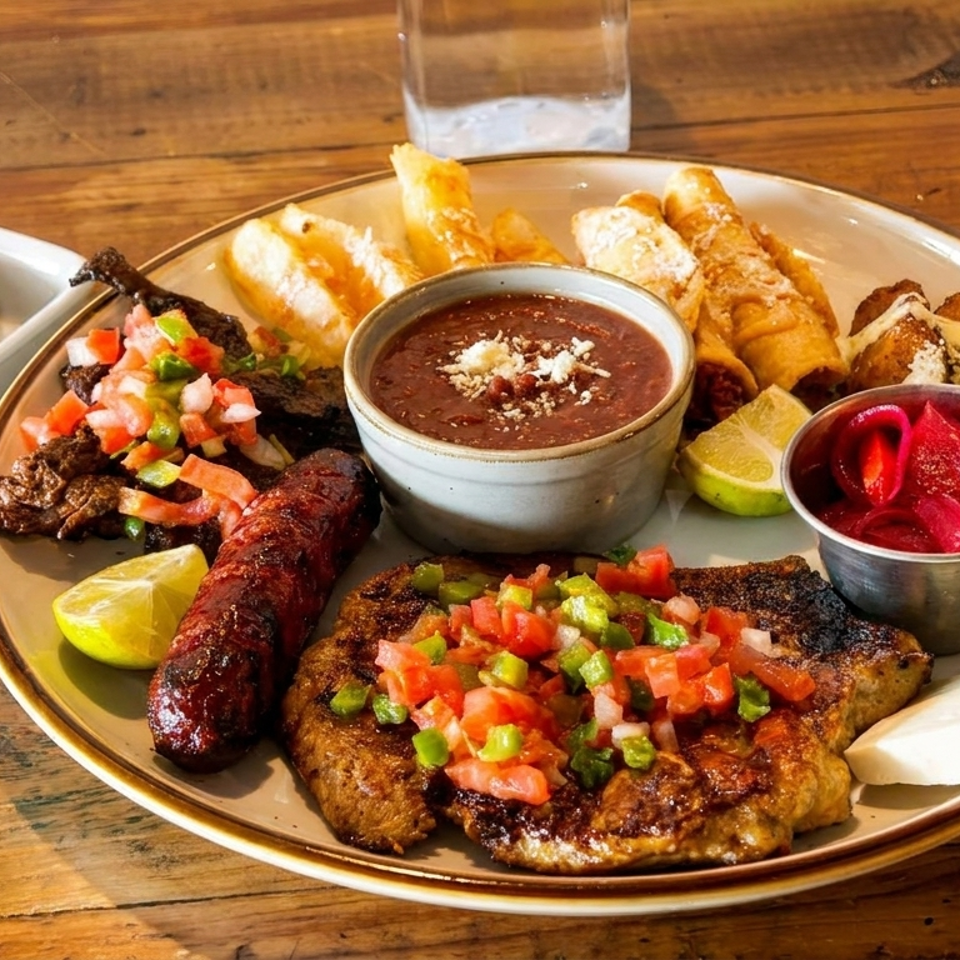 A large platter of grilled meats, sausage, beans, fried plantains, taquitos, and pickled onions.